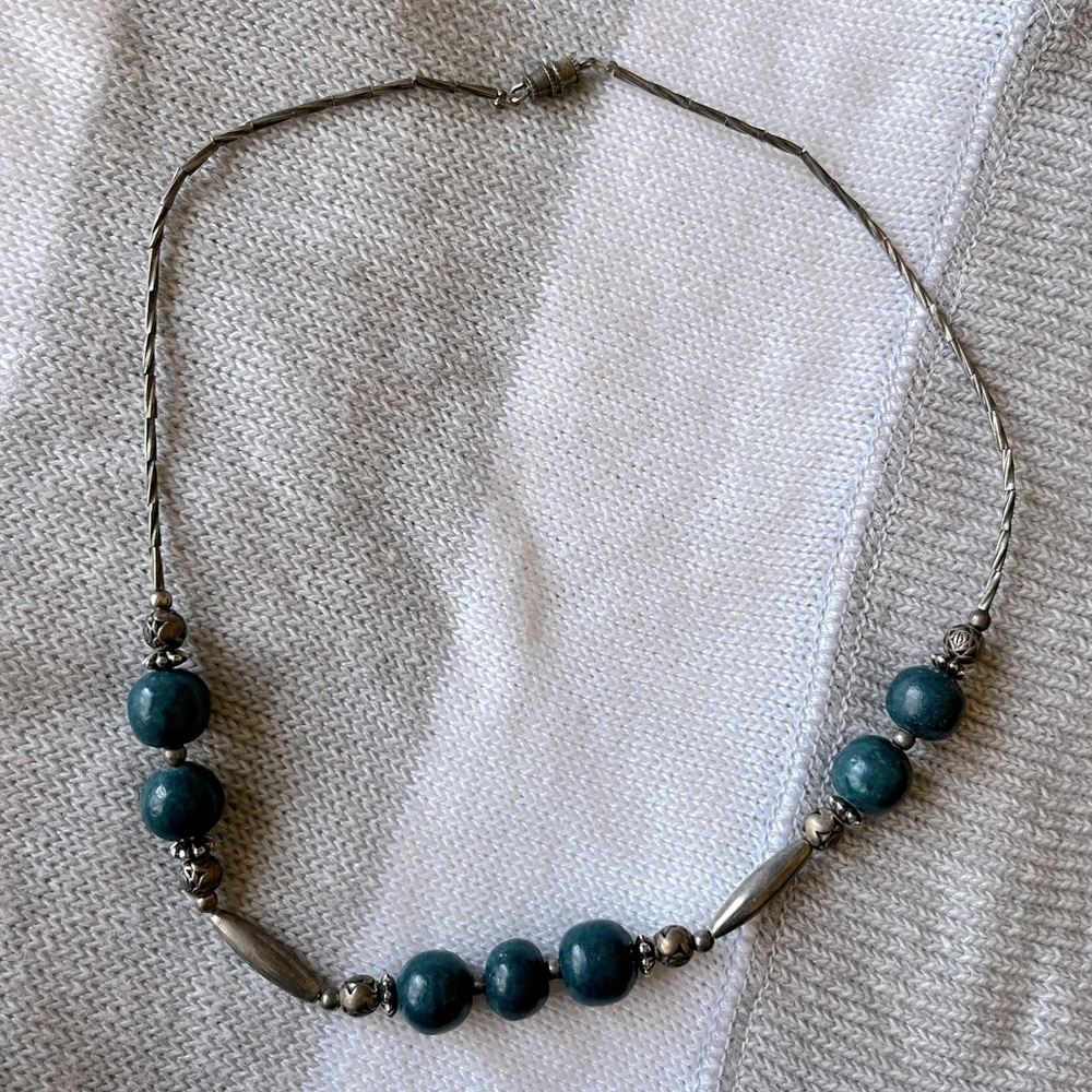Blue & Silver Beaded Wire Necklace